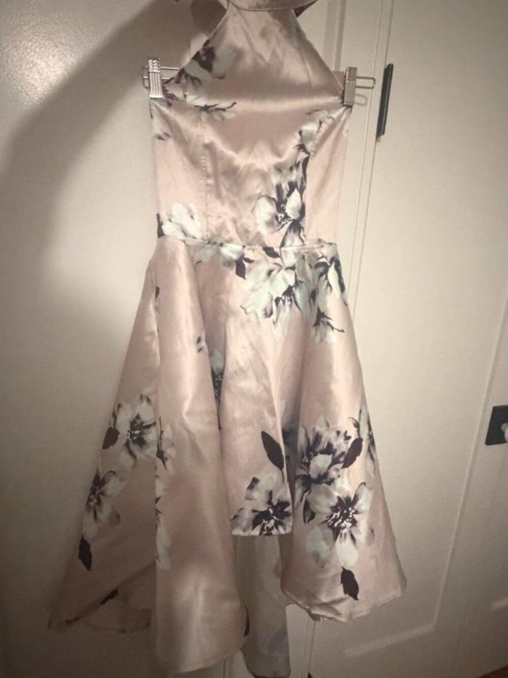 Pink satin vibe halter neck dress with black/white floral print